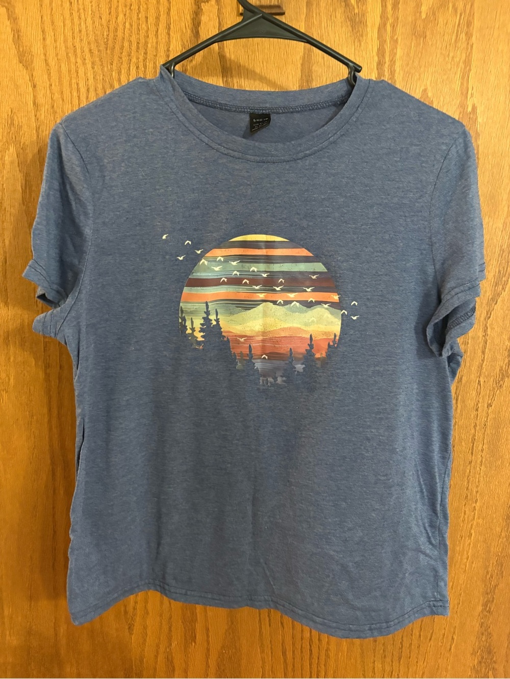SHEIN Blue Short Sleeve Tee with Sunset Landscape Graphic
